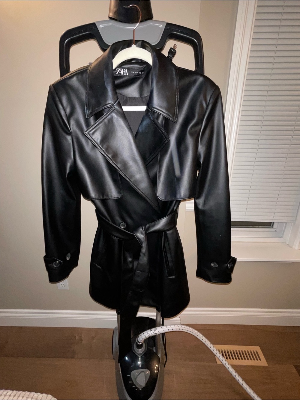 Zara Black Faux Leather Trench with Waist Tie